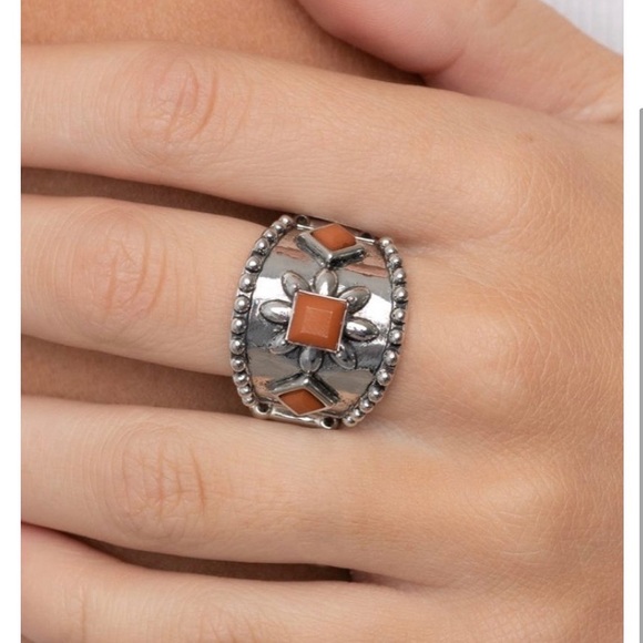 Intricate Silver and Orange Ring with Geometric Patterns - Picture 2 of 2